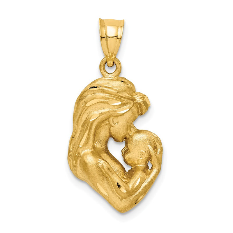 14k Yellow Gold Brushed Diamond-cut Mom/Baby Pendant
