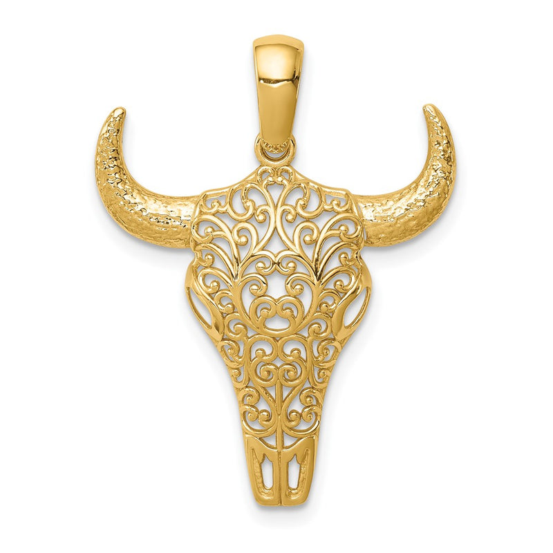 14k Yellow Gold Filigree Steer Skull Pendant