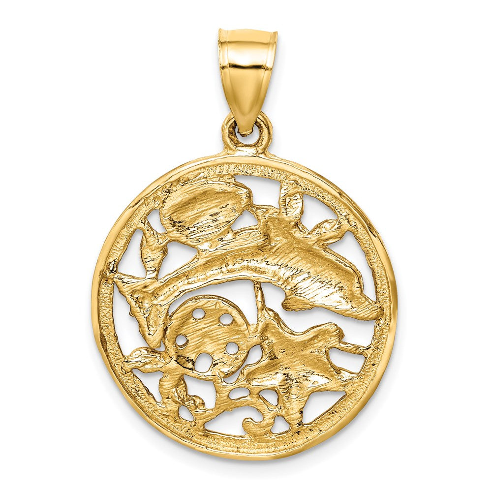 14k Yellow Gold Diamond-cut Dolphin and Shells Circle Pendant