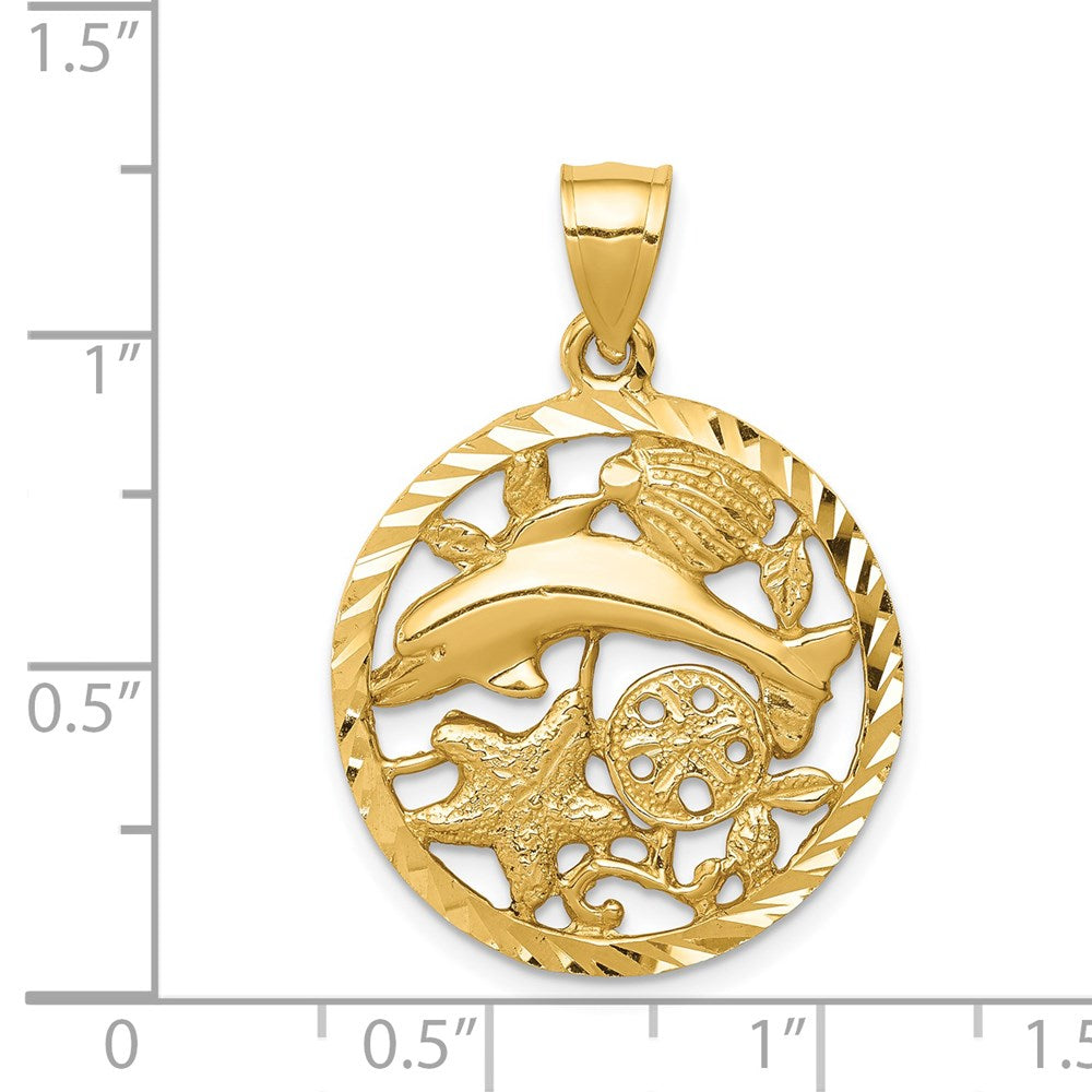 14k Yellow Gold Diamond-cut Dolphin and Shells Circle Pendant