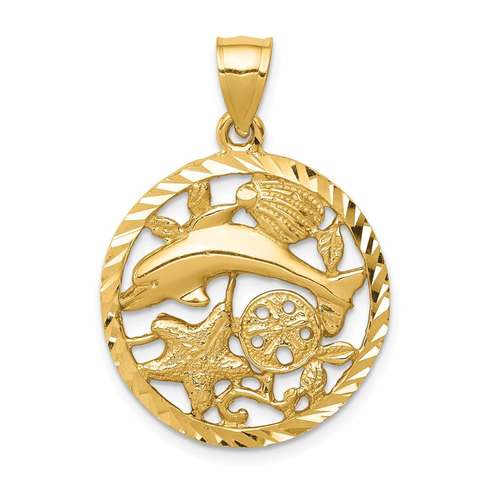 14k Yellow Gold Diamond-cut Dolphin and Shells Circle Pendant