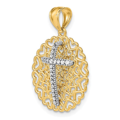 14k Yellow & Rhodium Gold w/Rhodium D/C  Cross on Heart Background Pendant