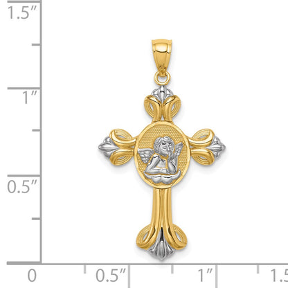 14k Yellow & Rhodium Gold w/White Rhodium Cherub Cross Pendant