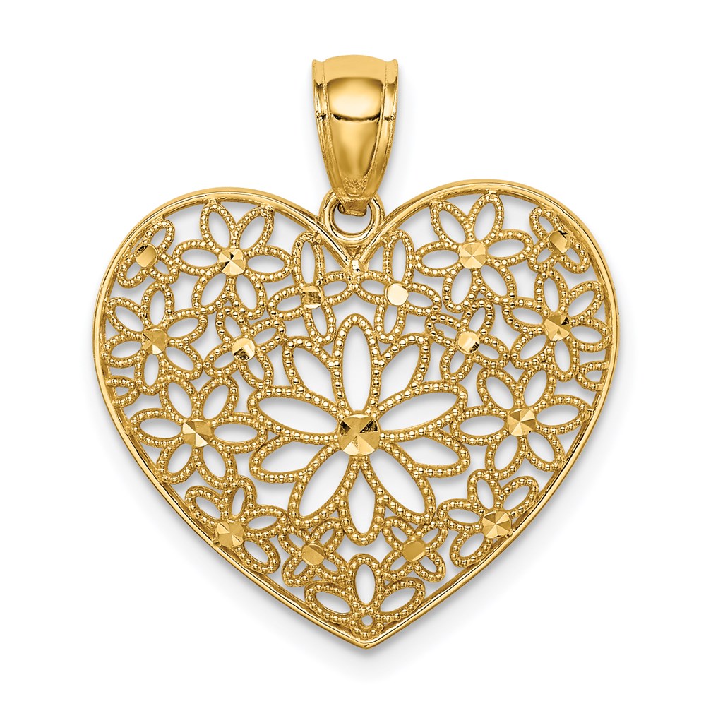 14k Yellow Gold Polished Floral Heart Pendant