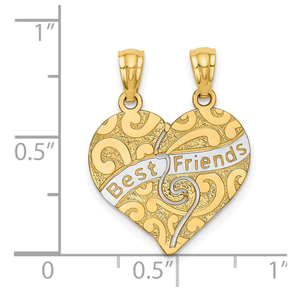 14k Yellow & Rhodium Gold w/Rhodium Break Apart BEST FRIENDS Heart Pendant