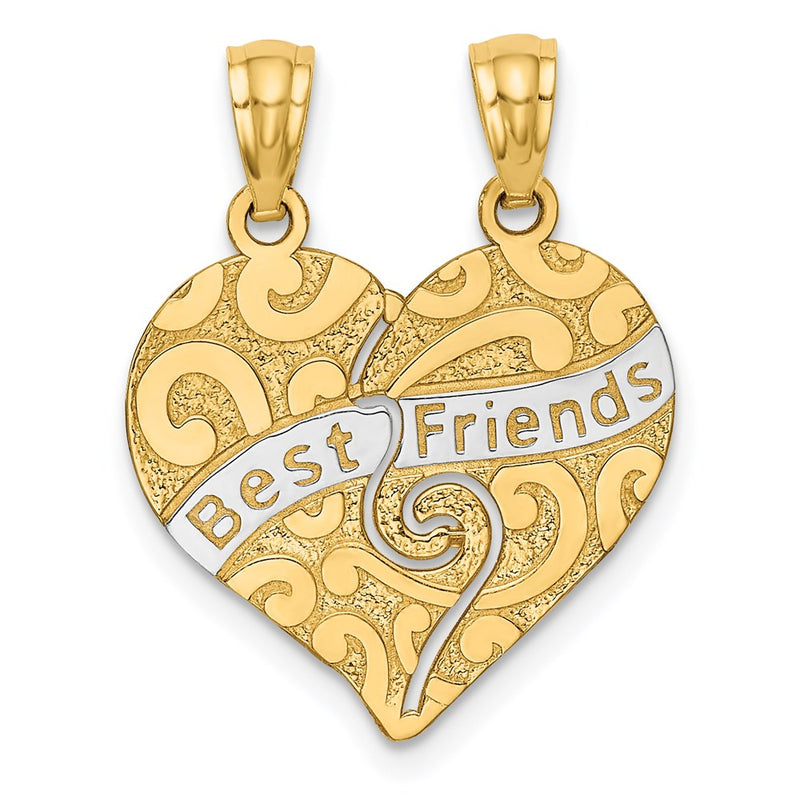 14k Yellow & Rhodium Gold w/Rhodium Break Apart BEST FRIENDS Heart Pendant