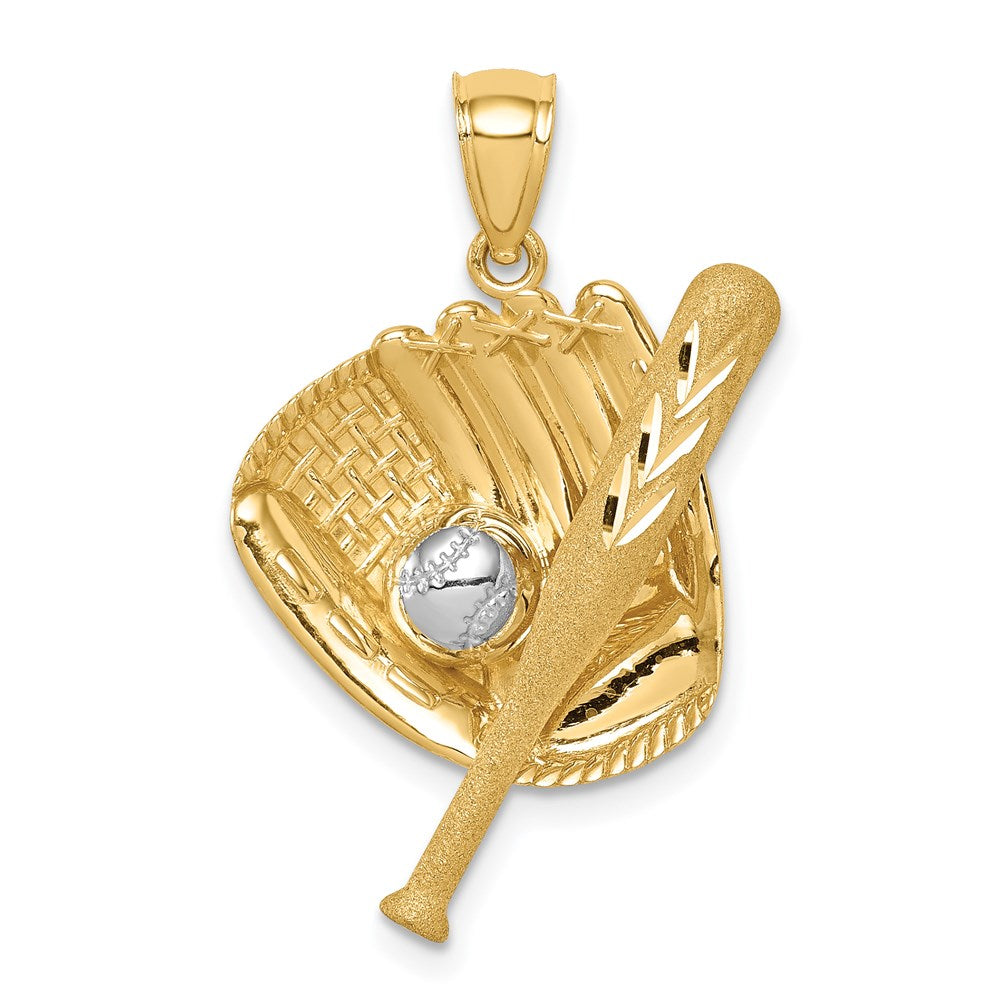 14k Yellow & Rhodium Gold D/C White Rhodium Baseball Bat Glove Ball Pendant