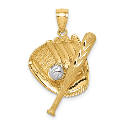 14k Yellow & Rhodium Gold D/C White Rhodium Baseball Bat Glove Ball Pendant
