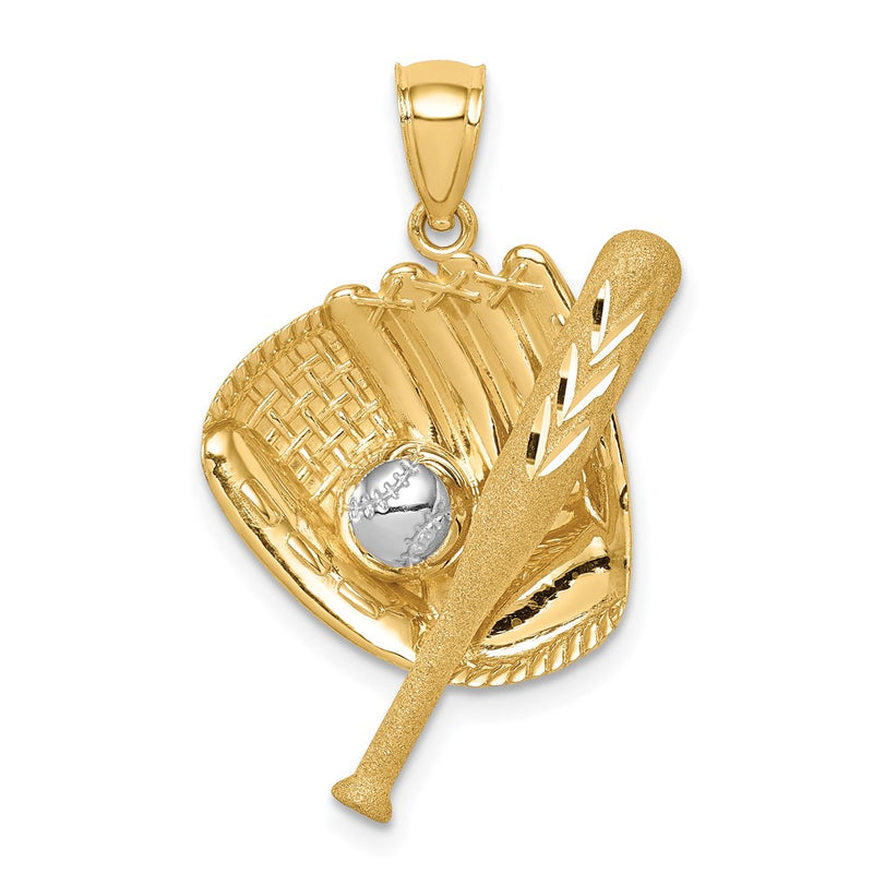 14k Yellow & Rhodium Gold D/C White Rhodium Baseball Bat Glove Ball Pendant