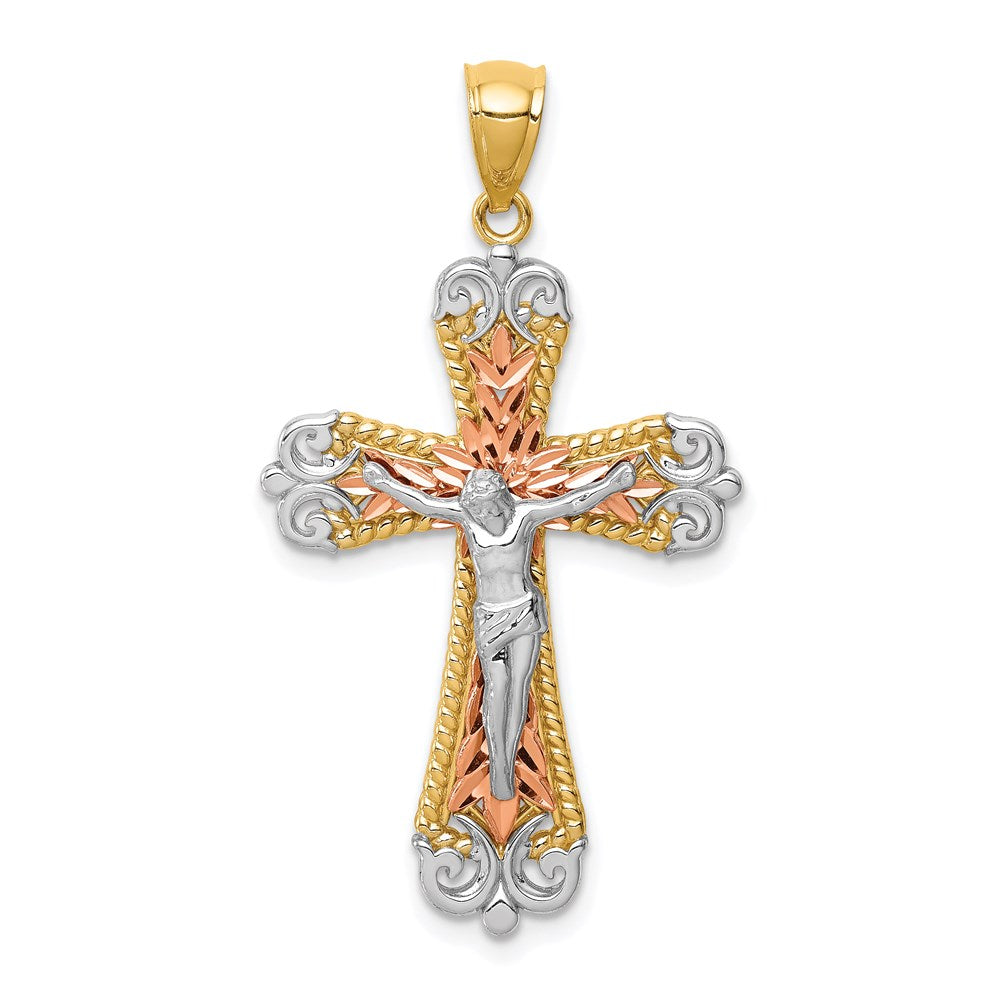 14k Tri-Color Gold D/C w/White Rhodium Crucifix Pendant