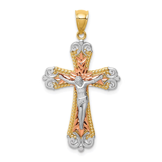 14k Tri-Color Gold D/C w/White Rhodium Crucifix Pendant