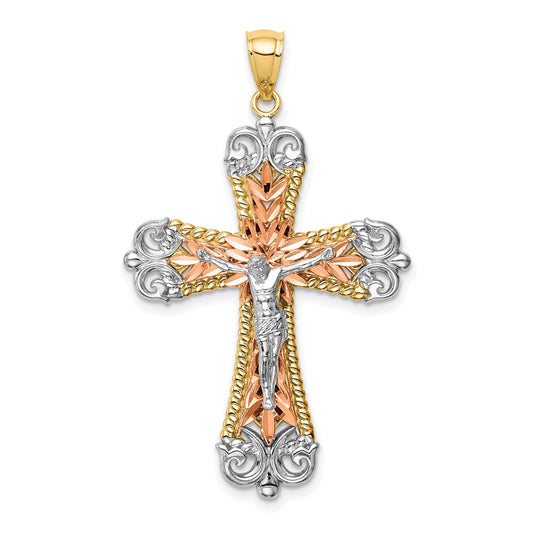 14k Tri-Color Gold w/Rhodium Crucifix Pendant