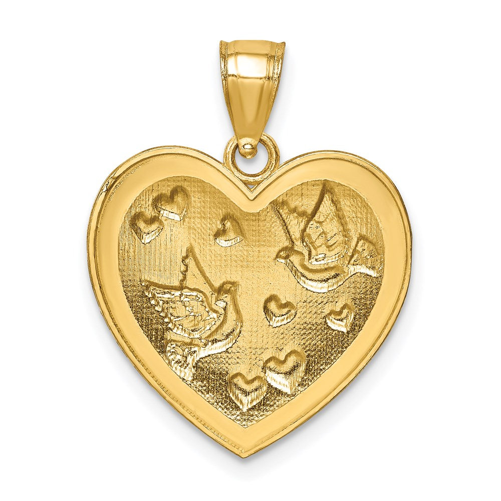 14k Yellow Gold Heart w/Doves & Hearts D/C Textured Pendant