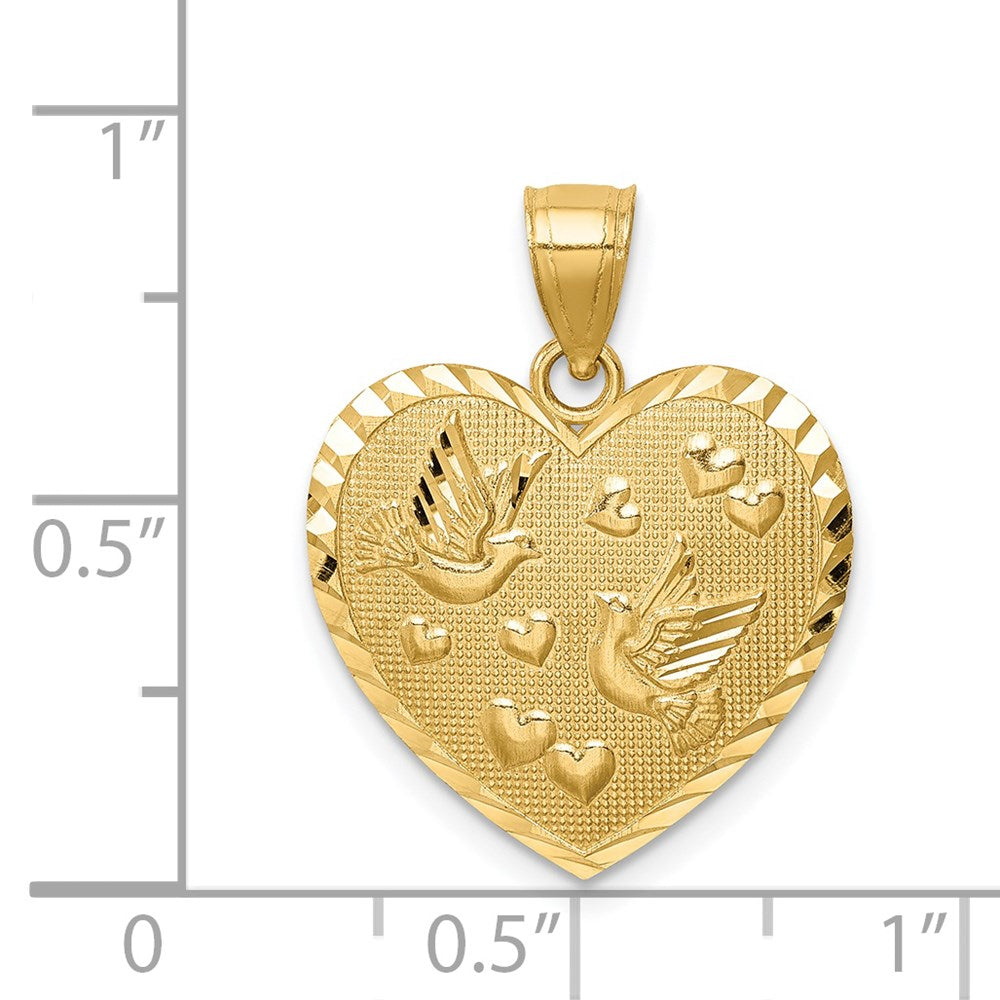 14k Yellow Gold Heart w/Doves & Hearts D/C Textured Pendant