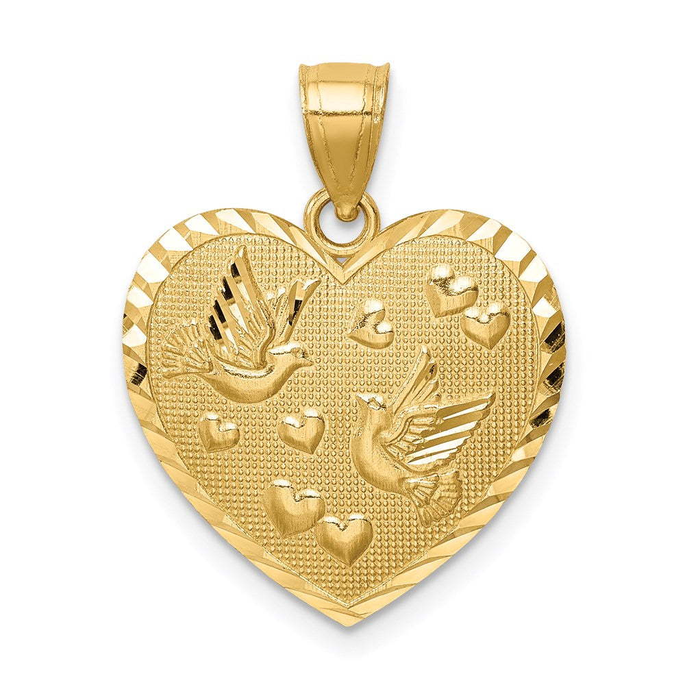 14k Yellow Gold Heart w/Doves & Hearts D/C Textured Pendant