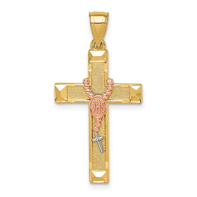 14k Two-tone Gold White Rhodium Cross w/Rosary Pendant