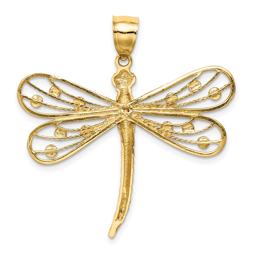 14k Yellow & Rhodium Gold Diamond-cut White Rhodium Dragonfly Pendant