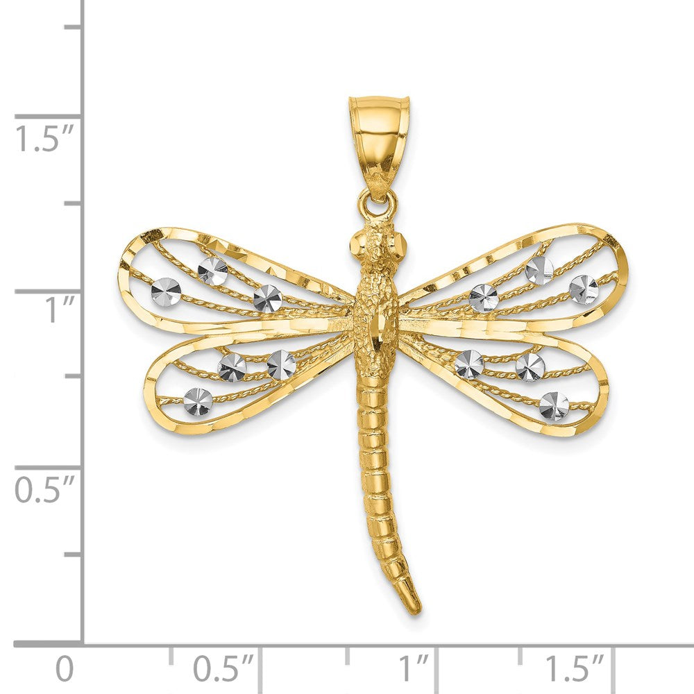14k Yellow & Rhodium Gold Diamond-cut White Rhodium Dragonfly Pendant