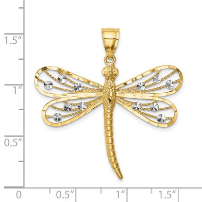 14k Yellow & Rhodium Gold Diamond-cut White Rhodium Dragonfly Pendant