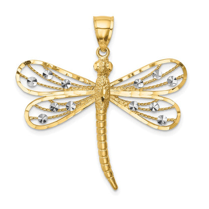 14k Yellow & Rhodium Gold Diamond-cut White Rhodium Dragonfly Pendant