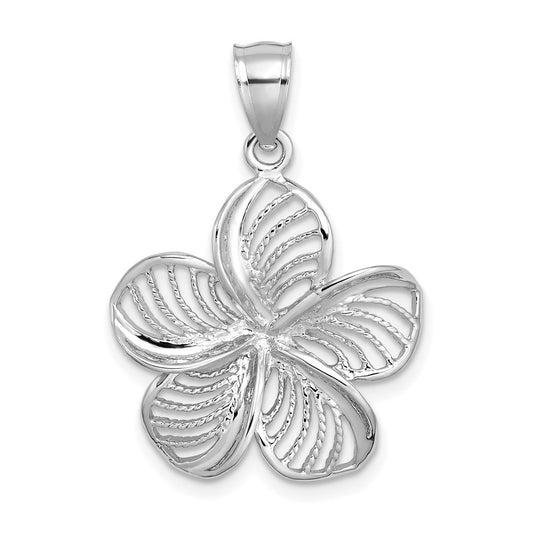 14k White Gold  Polished and Beaded Plumeria Flower Charm