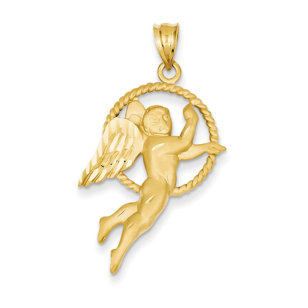 14k Yellow Gold Satin & Diamond-cut Angel Pendant