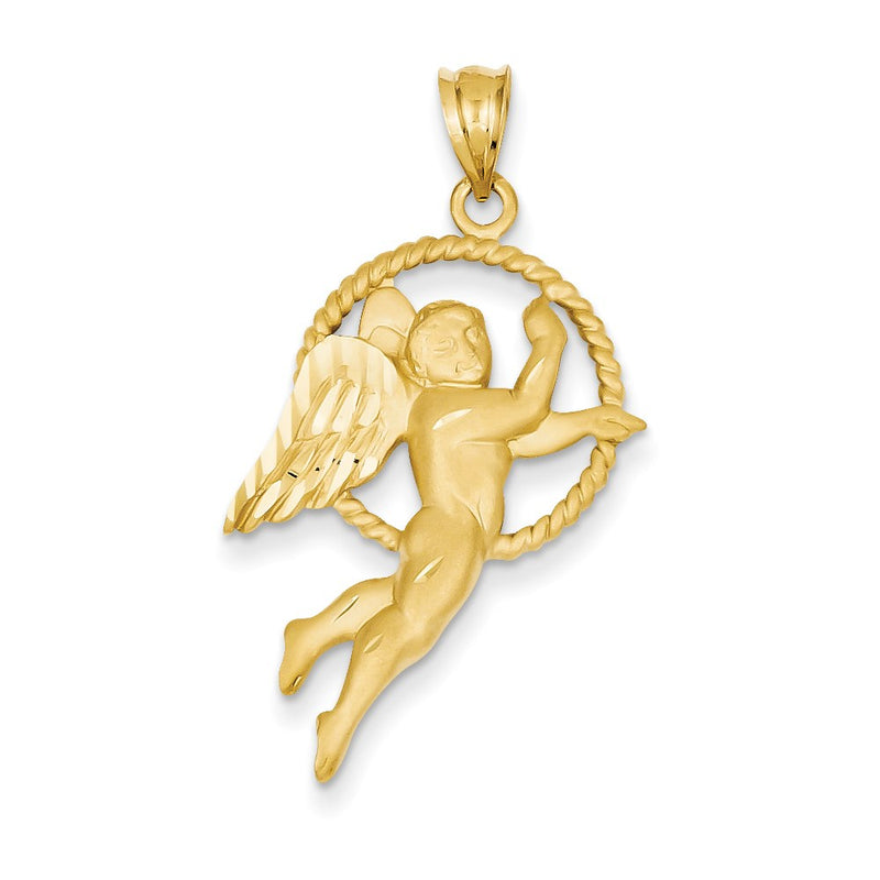 14k Yellow Gold Satin & Diamond-cut Angel Pendant
