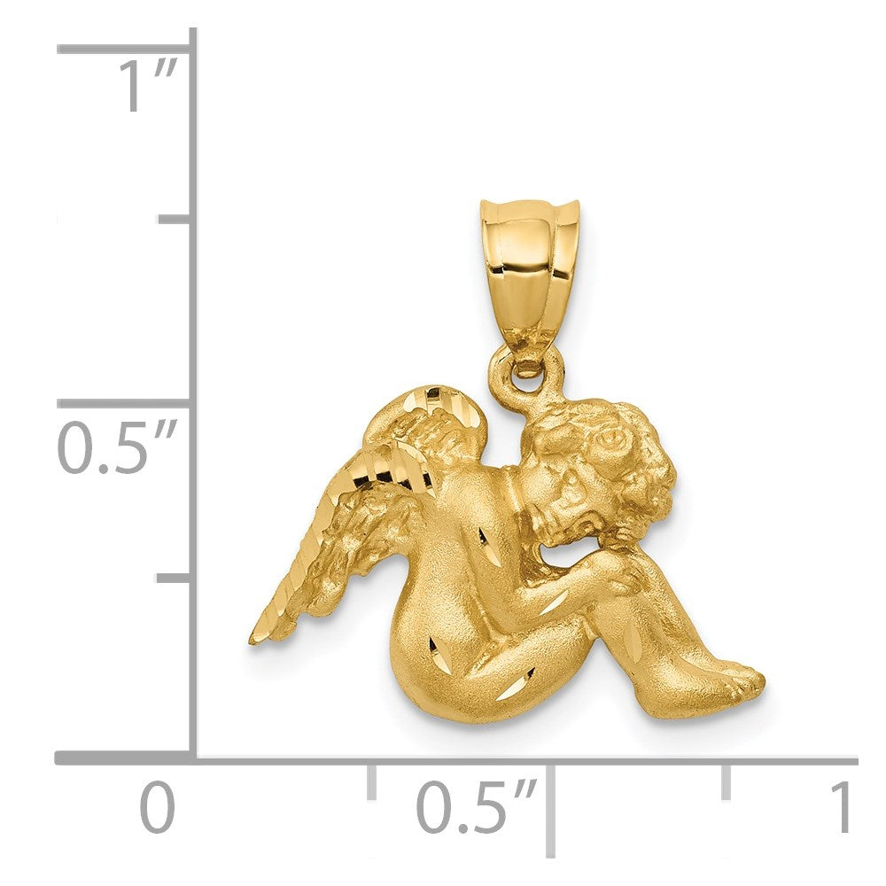 14k Yellow Gold Satin & Diamond-cut Angel Pendant