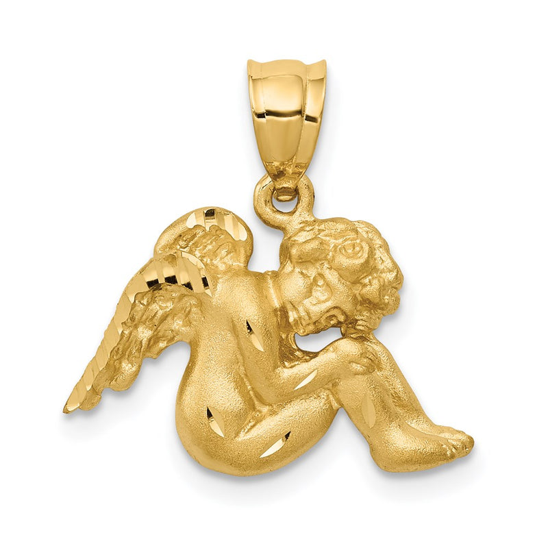 14k Yellow Gold Satin & Diamond-cut Angel Pendant