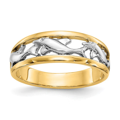 14k Two-tone Gold With Rhodium Dolphin Ring