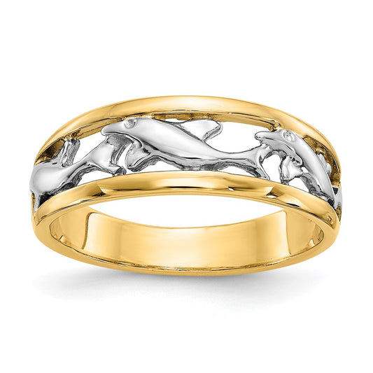 14k Two-tone Gold With Rhodium Dolphin Ring