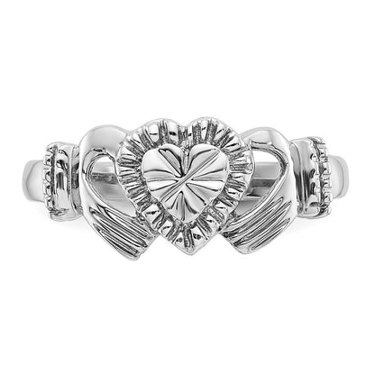 14k White Gold Child's Polished & Diamond-Cut Claddagh Ring