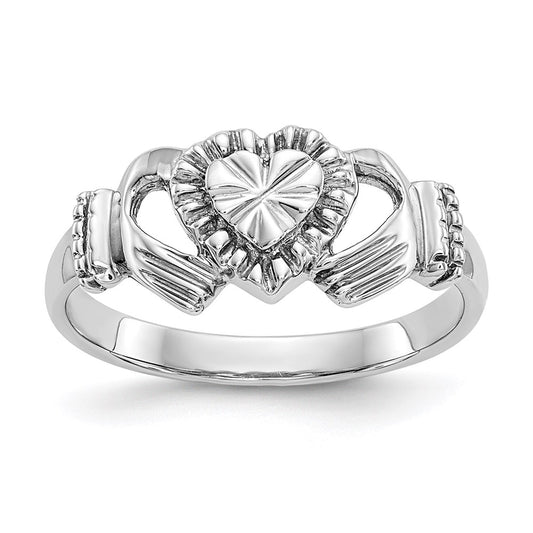 14k White Gold Child's Polished & Diamond-Cut Claddagh Ring