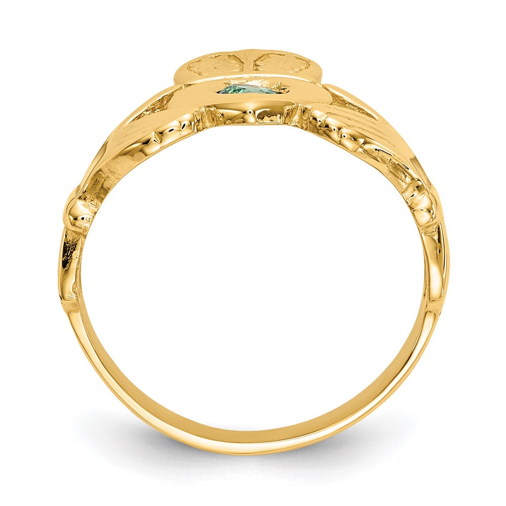 14K Yellow Gold Imitation Green Stone Claddagh Ring