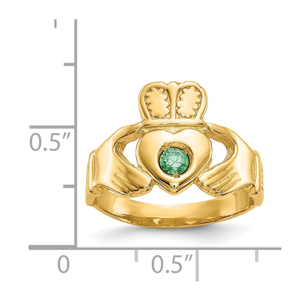 14K Yellow Gold Imitation Green Stone Claddagh Ring