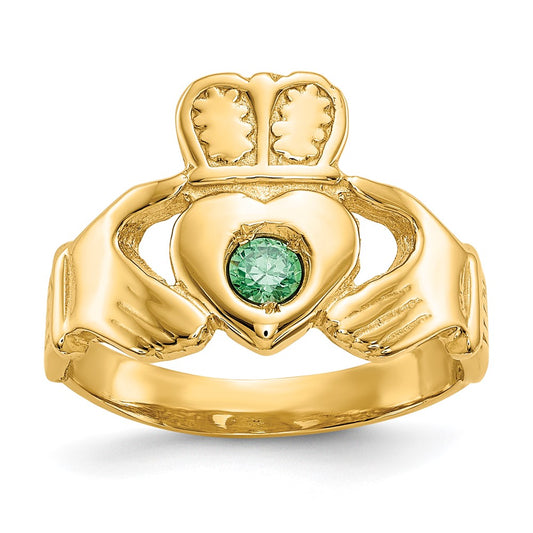 14K Yellow Gold Imitation Green Stone Claddagh Ring