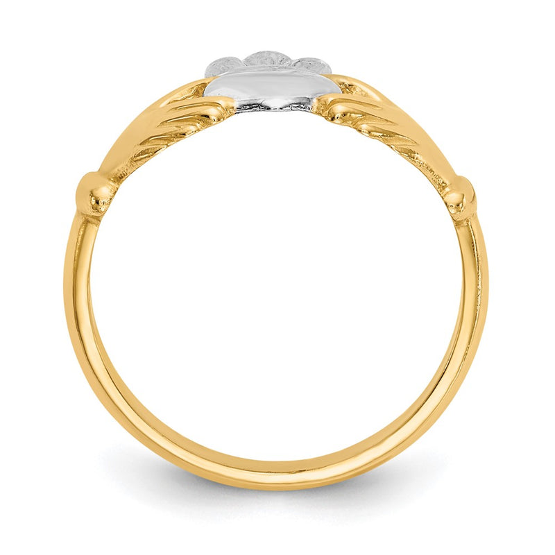 14k Yellow Gold Polished and Rhodium Claddagh Ring