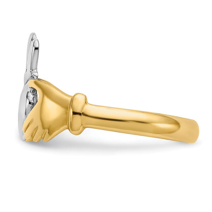 14k Yellow Gold Polished and Rhodium Claddagh Ring