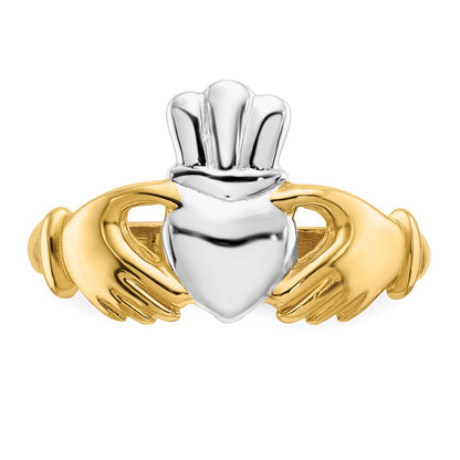 14k Yellow Gold Polished and Rhodium Claddagh Ring