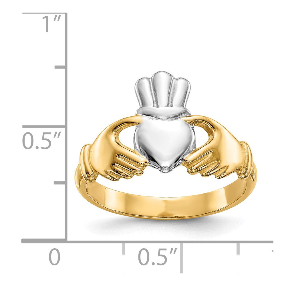 14k Yellow Gold Polished and Rhodium Claddagh Ring