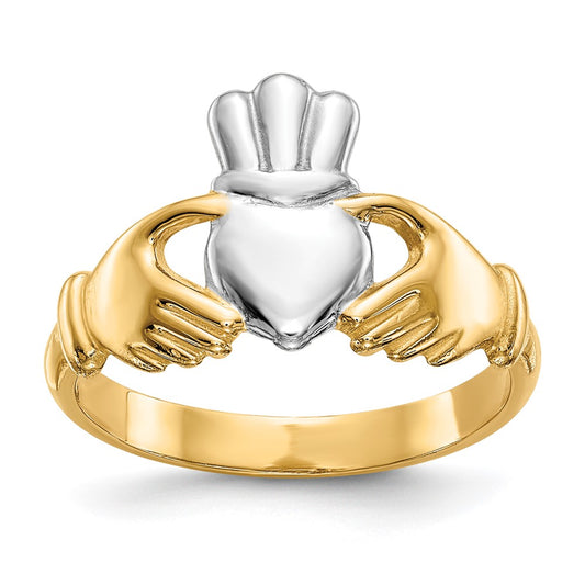 14k Yellow Gold Polished and Rhodium Claddagh Ring