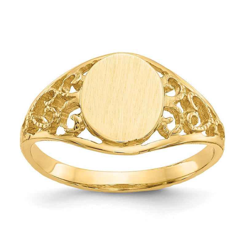 14K Yellow Gold 8.5x7.5mm Satin Open Back Filigree Signet Ring