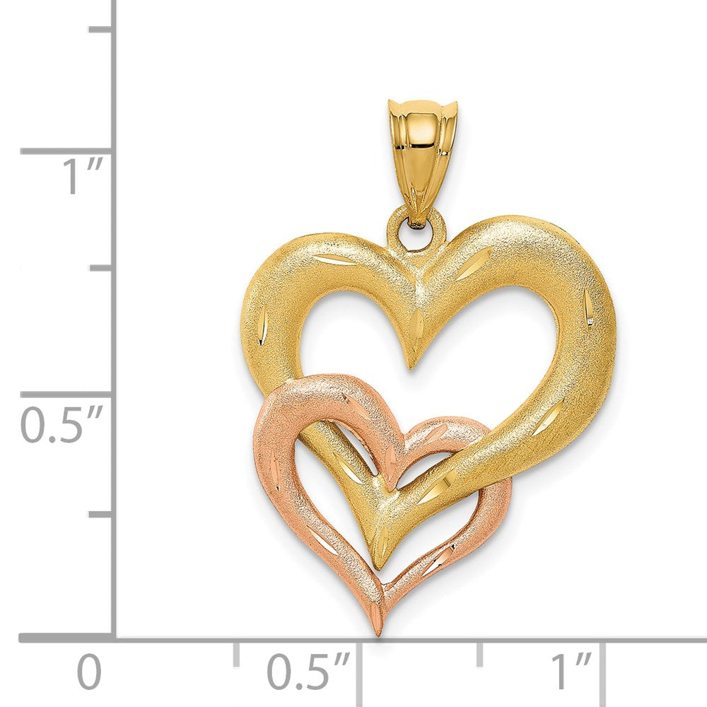 14k Two-tone Gold Satin D/C Double Heart Pendant