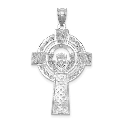 14k White Gold Celtic Claddagh Cross Pendant