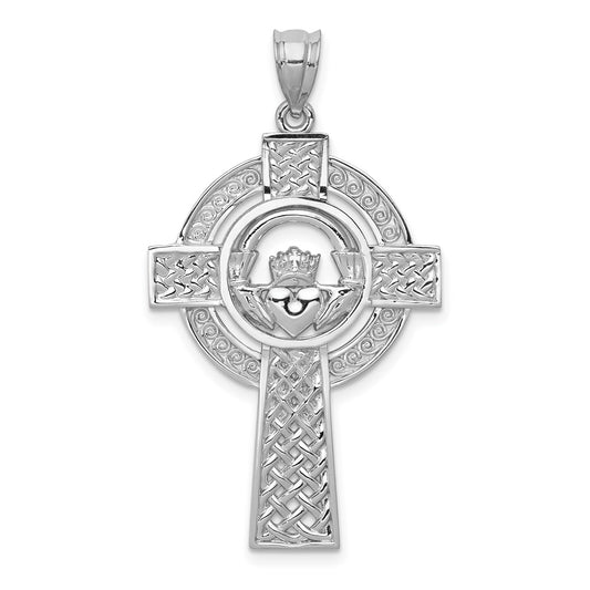 14k White Gold Celtic Claddagh Cross Pendant