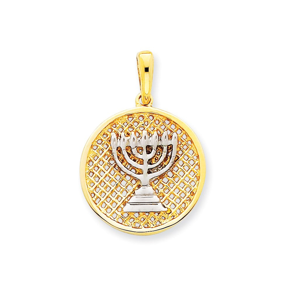 14k Yellow & Rhodium Gold w/Rhodium Mesh Menorah Round Pendant