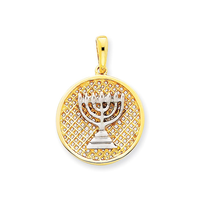 14k Yellow & Rhodium Gold w/Rhodium Mesh Menorah Round Pendant