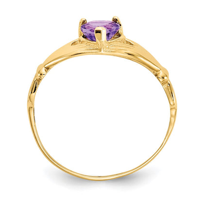 14K Yellow Gold CZ February Birthstone Claddagh Heart Ring