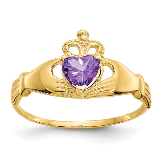 14K Yellow Gold CZ February Birthstone Claddagh Heart Ring