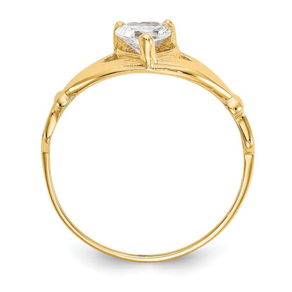 14K Yellow Gold CZ April Birthstone Claddagh Heart Ring